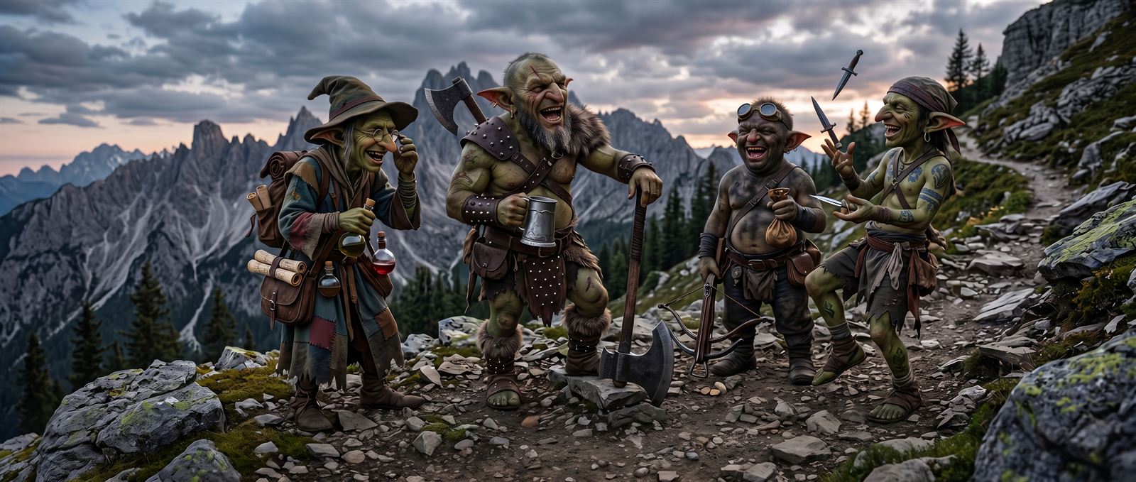 Skarrak's goblin crew on a mountain trail at dusk — a robed hexer with potions, a laughing warlord shouldering a greataxe, a goggled skulk with a coin pouch, and a tattooed blade juggling daggers