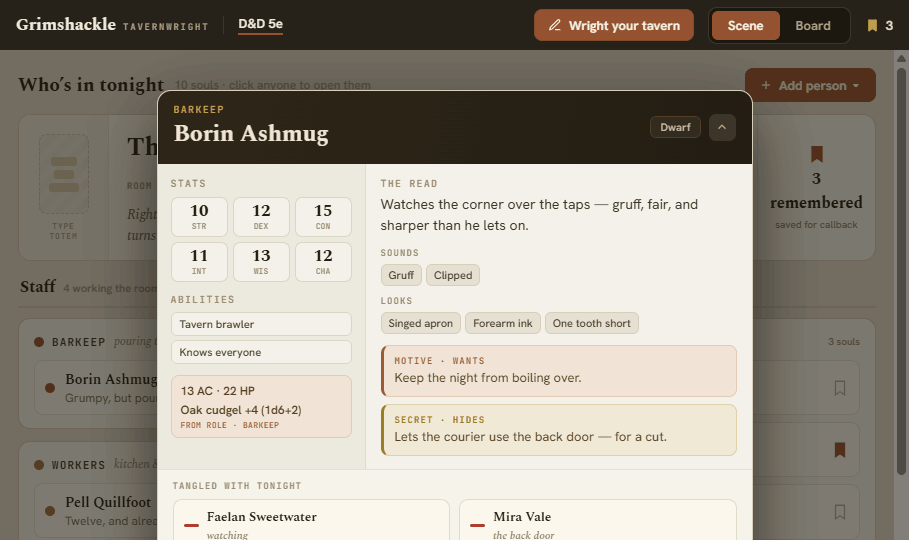 Tavernwright NPC detail card for Borin Ashmug the dwarf barkeep — D&D 5e ability scores, two signature abilities, AC and HP combat line, the read, sounds, looks, motive, secret, and who he's tangled with tonight