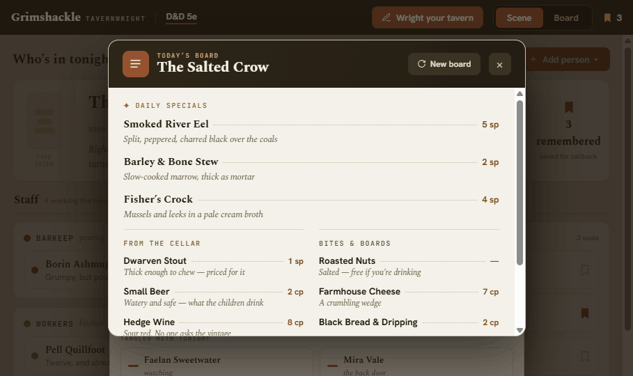 Tavernwright food board — daily specials, from the cellar, and bites, each with flavor text and prices
